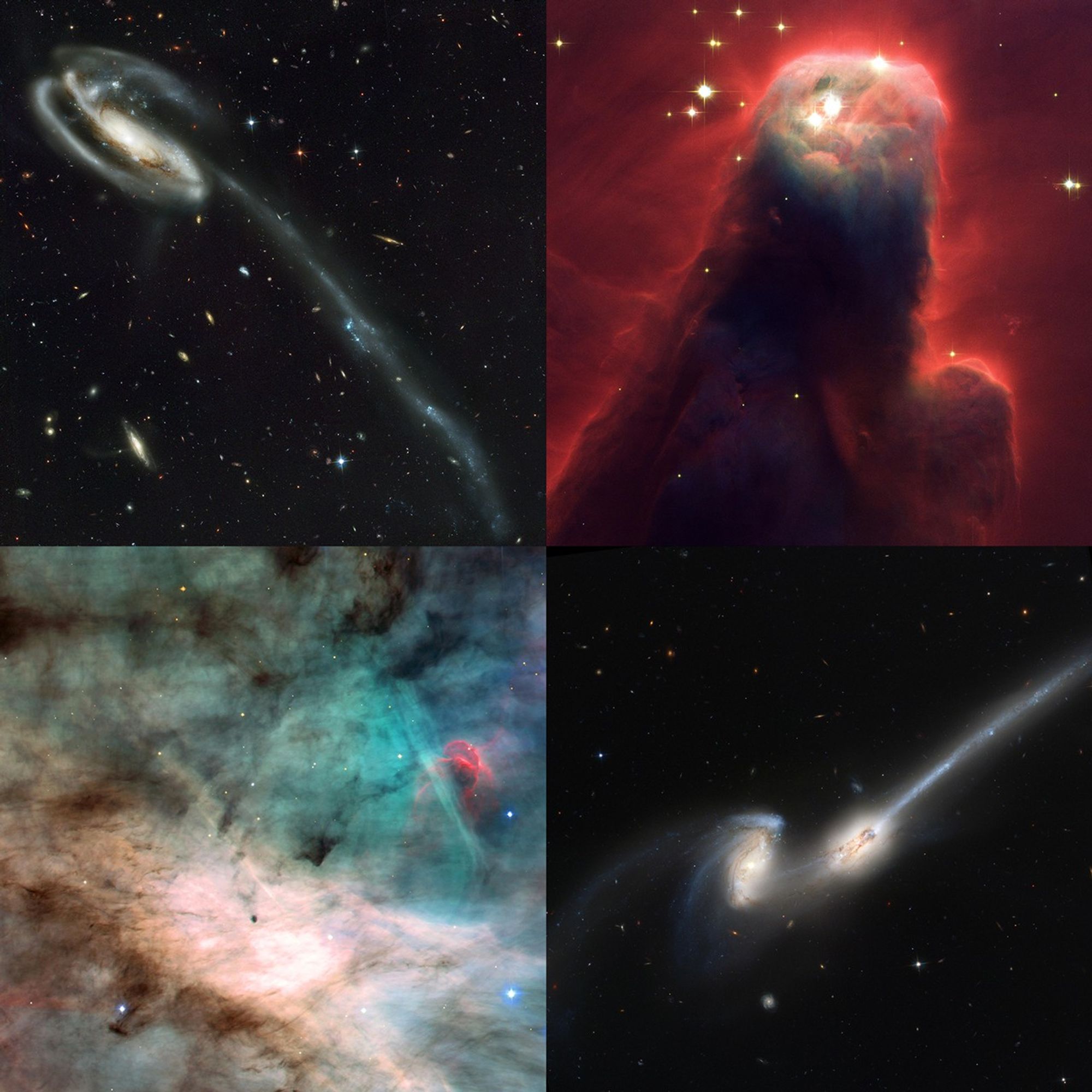 Among the suite of four ACS photographs to demonstrate the camera's capabilities is a stunning view of a colliding galaxy dubbed the "Tadpole" (UGC10214). Set against a rich tapestry of 6,000 galaxies, the Tadpole, with its long tail of stars, looks like a runaway pinwheel firework. Another picture depicts a spectacular collision between two spiral galaxies - dubbed "The Mice" - that presages what may happen to our own Milky Way several billion years from now when it collides with the neighboring galaxy in the constellation Andromeda. Looking closer to home, ACS imaged the "Cone Nebula," a craggy-looking mountaintop of cold gas and dust that is a cousin to Hubble's iconic "pillars of creation" in the Eagle Nebula, photographed in 1995. Peering into a celestial maternity ward called the Omega Nebula or M17, ACS revealed a watercolor fantasy-world of glowing gases, where stars and perhaps embryonic planetary systems are forming.
